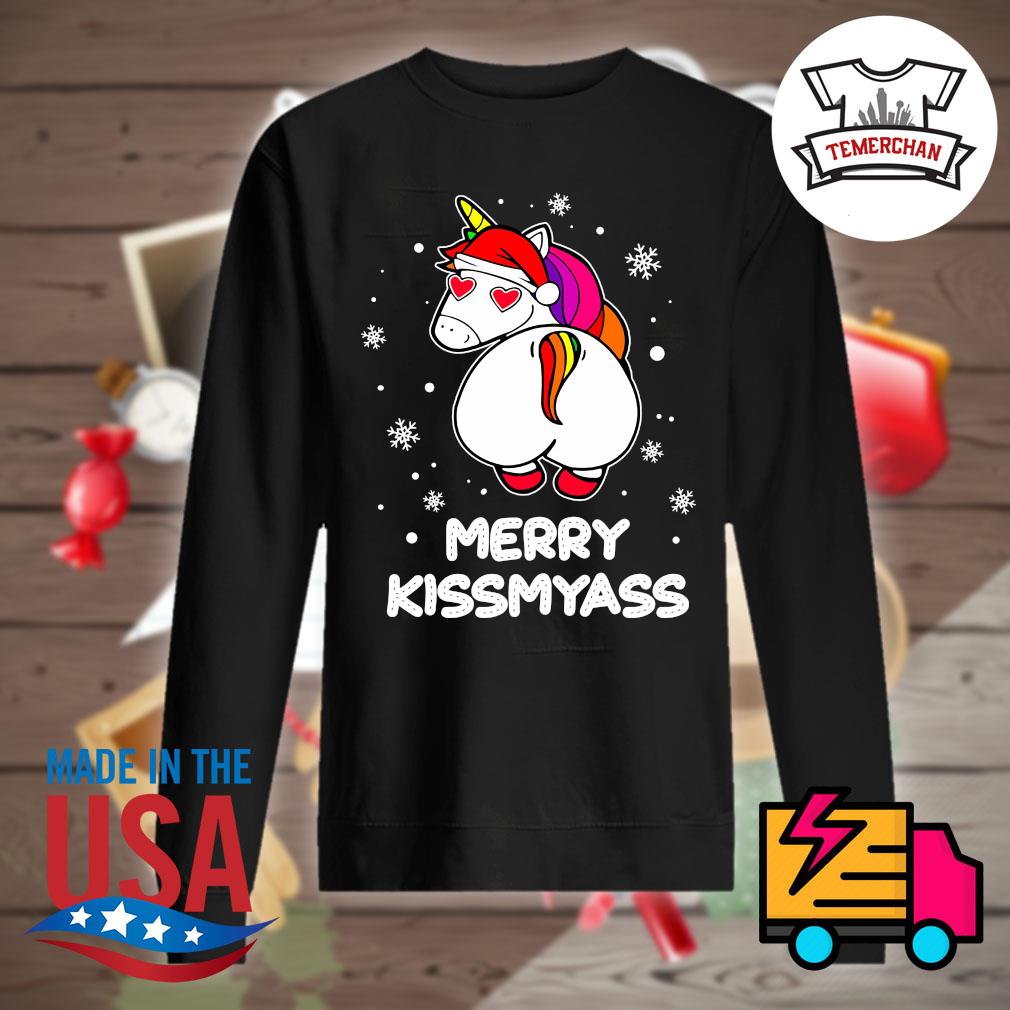 Unicorn Santa Hat Merry Kissmyass Christmas Shirt Hoodie Tank Top Sweater And Long Sleeve T Shirt